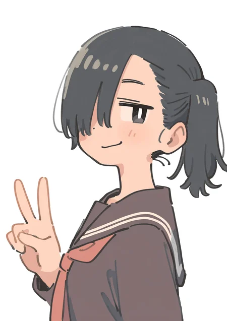 masterpiece, best quality, very aesthetic BREAK muji \(uimss\), 1girl, solo, brown serafuku, black hair, black eyes, hair over one eye, side ponytail, smirk, peace sign, v, upper body, small breasts, bright pupils
<lora:noob-muji-nov07-step00002640:1>