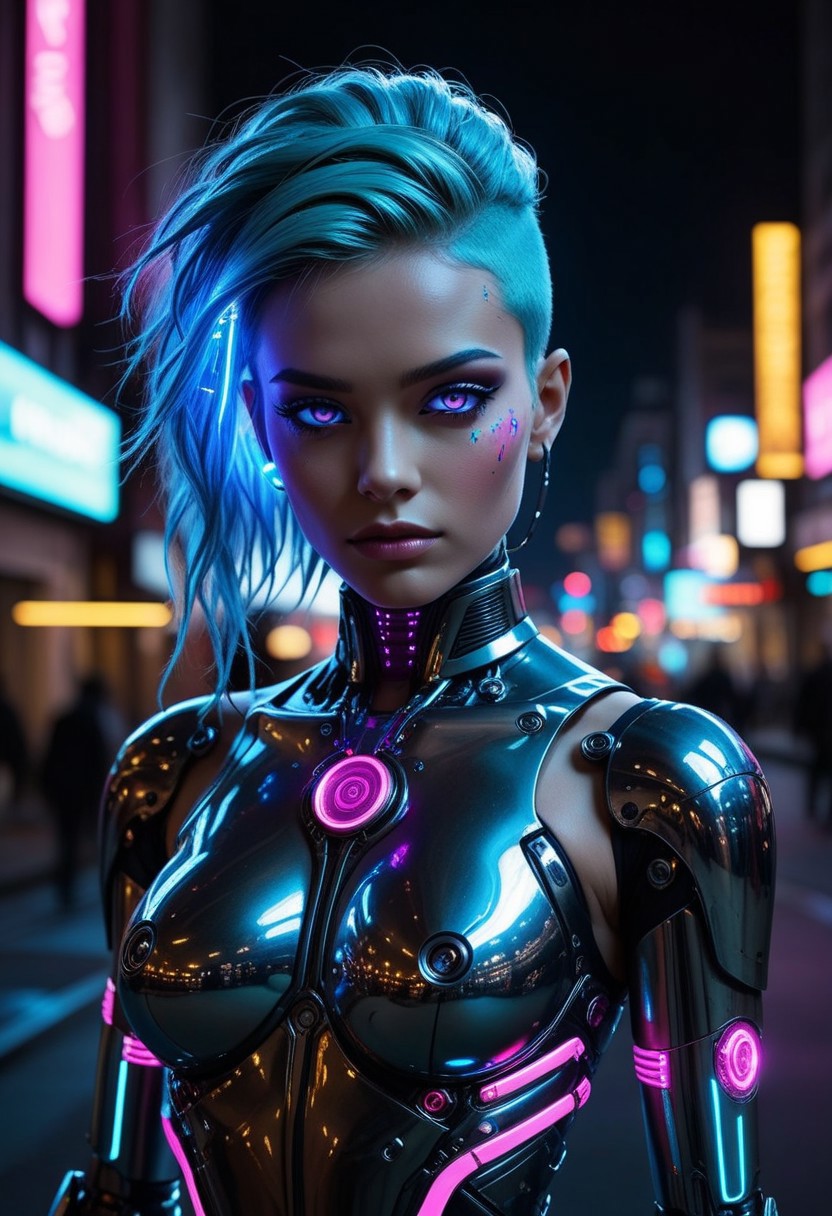 A high-tech neonpunk android with a sleek, glossy synthetic face, electric blue and pink LED-infused hair, and cybernetic enhancements glowing in neon colors. The android’s expression is intense and confident, with illuminated wiring, high-tech plating, and transparent holographic components. The design is a fusion of cutting-edge technology and street-style cyberpunk fashion, featuring a mix of metallic chrome and colorful urban aesthetics. The background showcases a neon-lit futuristic cityscape with vibrant reflections and dynamic cybernetic energy. mad-cbrpnksplshrt, paint splashes