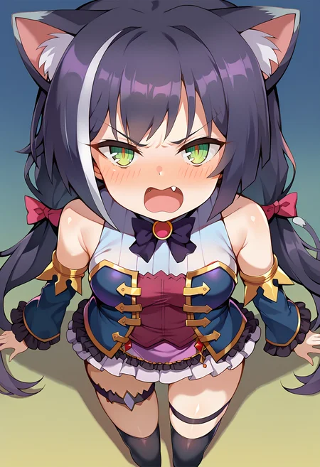 score_9, score_7_up, hd, (ultra hd quality details), source_anime, gradient background,
solo, 1girl, kyarubase, streaked hair, cat ears, animal ear fluff, low twintails, cat tail, medium breasts,
caldef, hair bow, blue bodice, sleeveless, white shirt, blue detached sleeves, purple skirt, frilled skirt, thigh strap, black thighhighs,
looking at viewer, blush, open mouth, angry, fang,
standing, from above,
<lora:_shimejinameko_style-elesico-pony-17:1> <lora:_karyl_elesico-pony-e19:0.9>