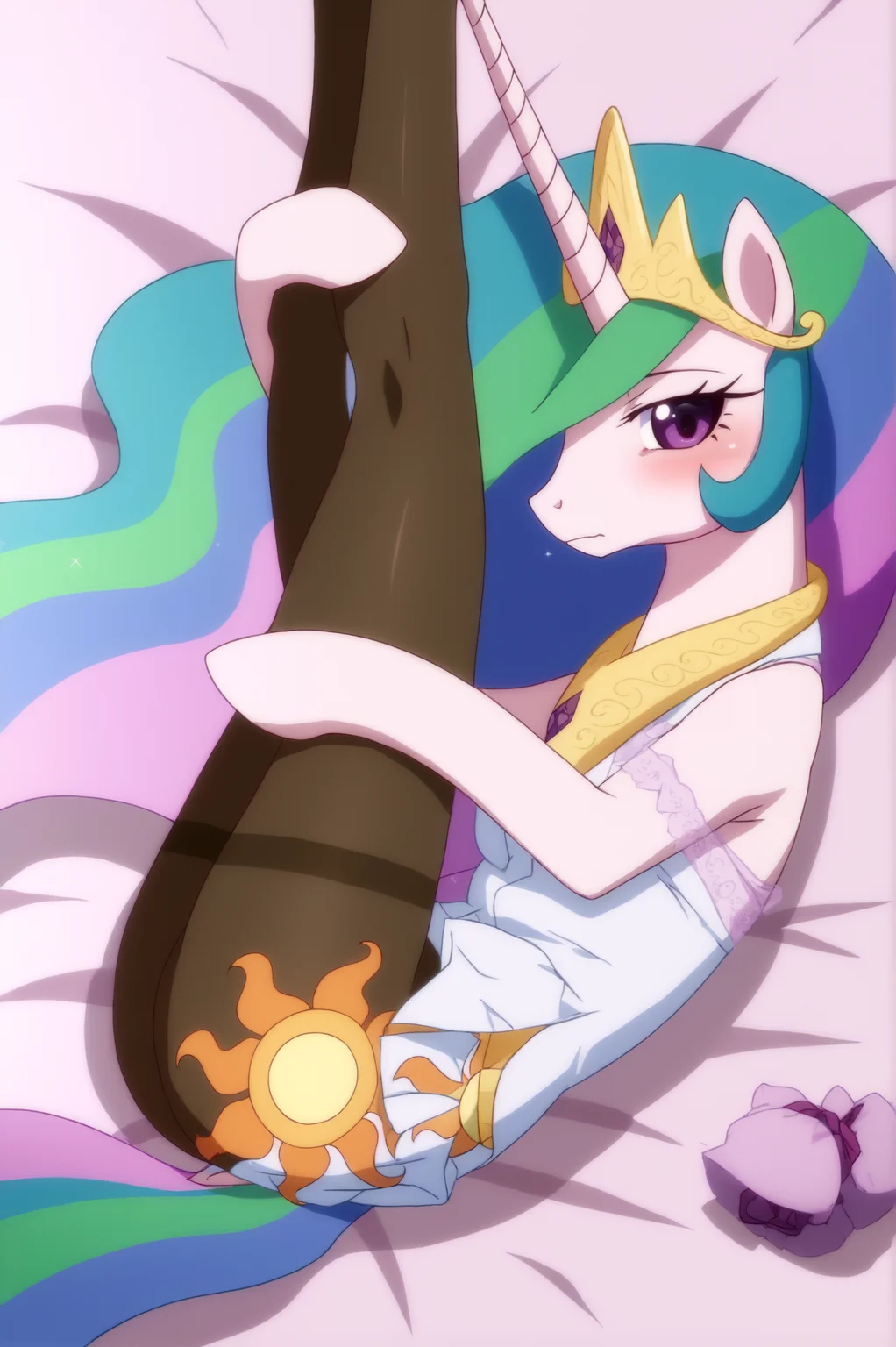 (source_pony, feral, princess celestia:1.5), 1girl,solo,klaudiaryza1base,braid,medium breasts,sexually_suggestive,(three quarter view:1.5),from side,looking at viewer,blush,shy,(leg grab:1.3),see-through,ass,thighs,lying,on back,legs up,hairband,hair ribbon,klaudiadefshirt,klaudiadefskirt,white capelet,detached collar,choker,bare shoulders,elbow gloves,thighband pantyhose,brown pantyhose <lora:sdxl_lightning_4step_lora.safetensors:1.0>,