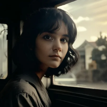 score_9, score_8_up, score_7_up, score_6_up, flmgr, flmgr, film grain, cinematic, cinematic light, solo, black hair, realistic, black eyes, looking at viewer, portrait, 1girl, pretty, medium hair, closed mouth, Outside the window
