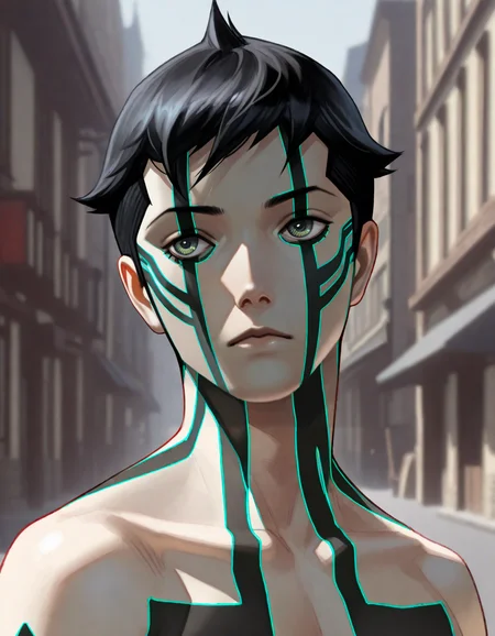 Masterpiece, hires, semi-realistic, detailed face and eyes, ultra quality, cel-shaded, sharp lines, dry shading, Beautiful background, houses, street city, <lora:Shin_Megami_Tensei_III_Demi-Fiend:1> 1boy, demi-fiend, full-body tattoo