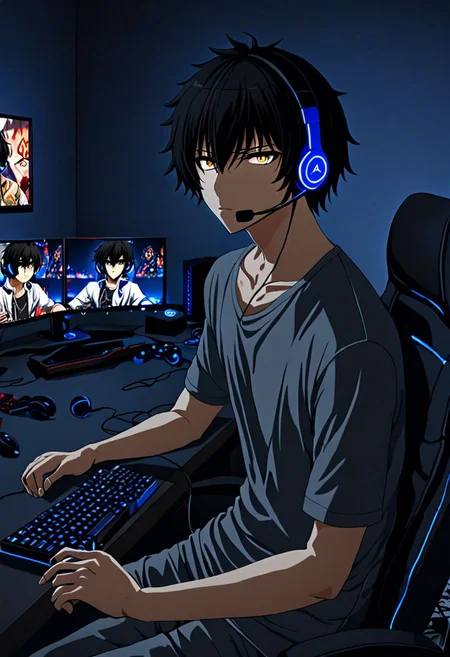 high resolution, solo, best quality, 1Boy, Seiya Kanie, black hair, short hair, thin, gamer, bedroom, night, pc, sit, headset, portraits, OverallDetail
