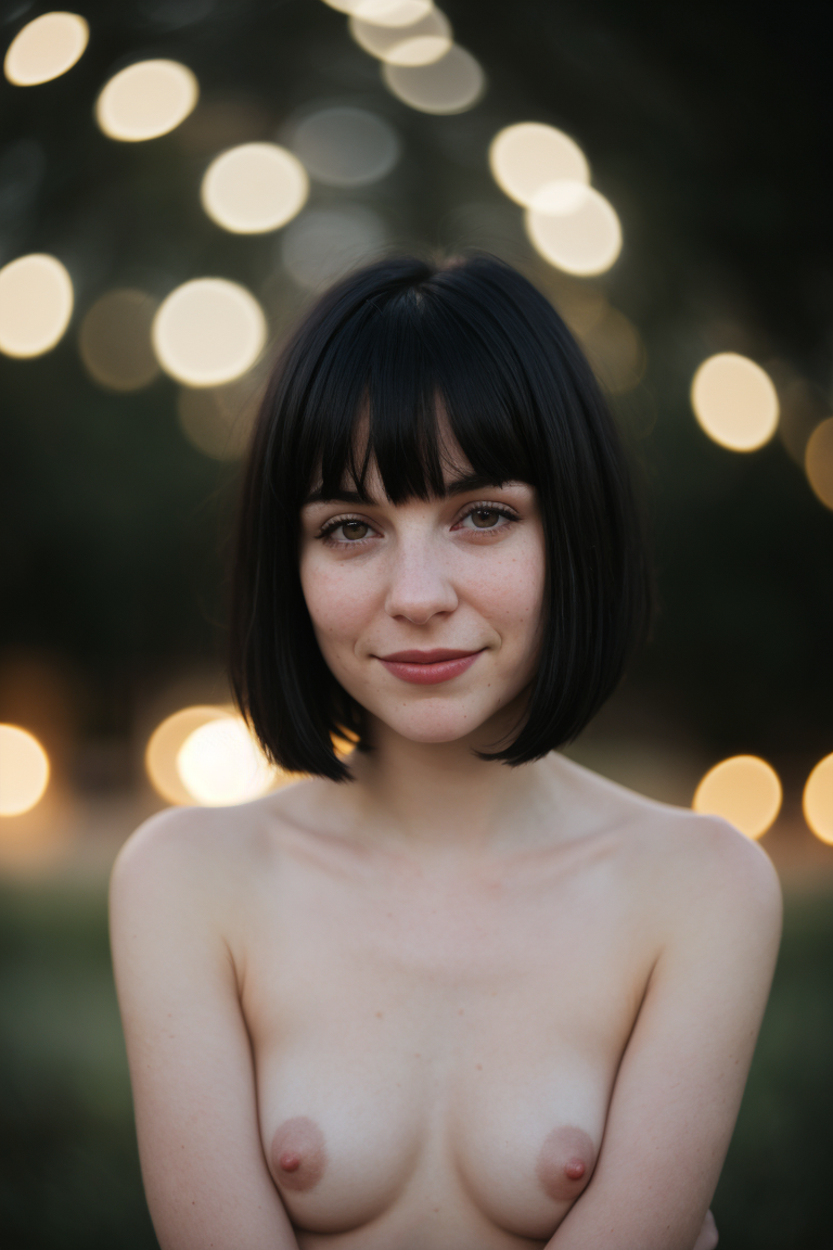 polaroid photo, night photo, photo of a cute girl, black hair, short bob, blunt bangs, pale skin, bokeh, motion blur, nude, shy, (smiling)