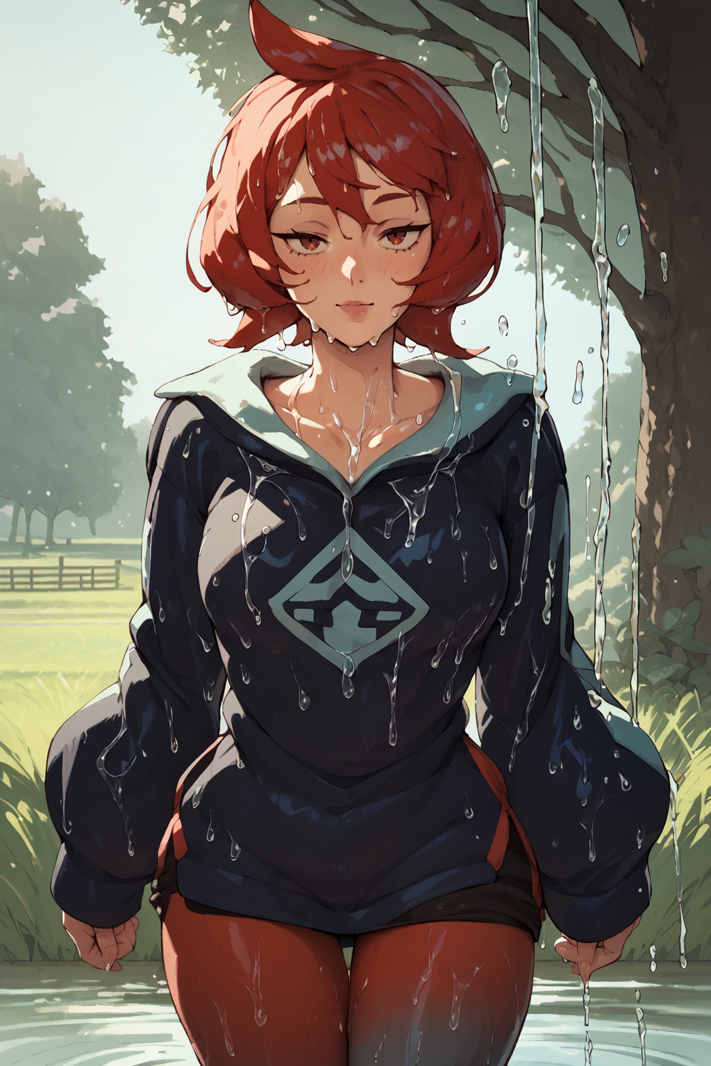 arezu, pantyhose, short hair, red hair, gradient legwear, cowlick ,in an open field, pouring rain, wet skin, wet body, wet hair,<lora:RD-MAnon-XLV1.1:1>, outside, in a park,  <lora:Arezu_pokemon:1>, , source_anime, score_9_up, score_7_up, score_8_up
