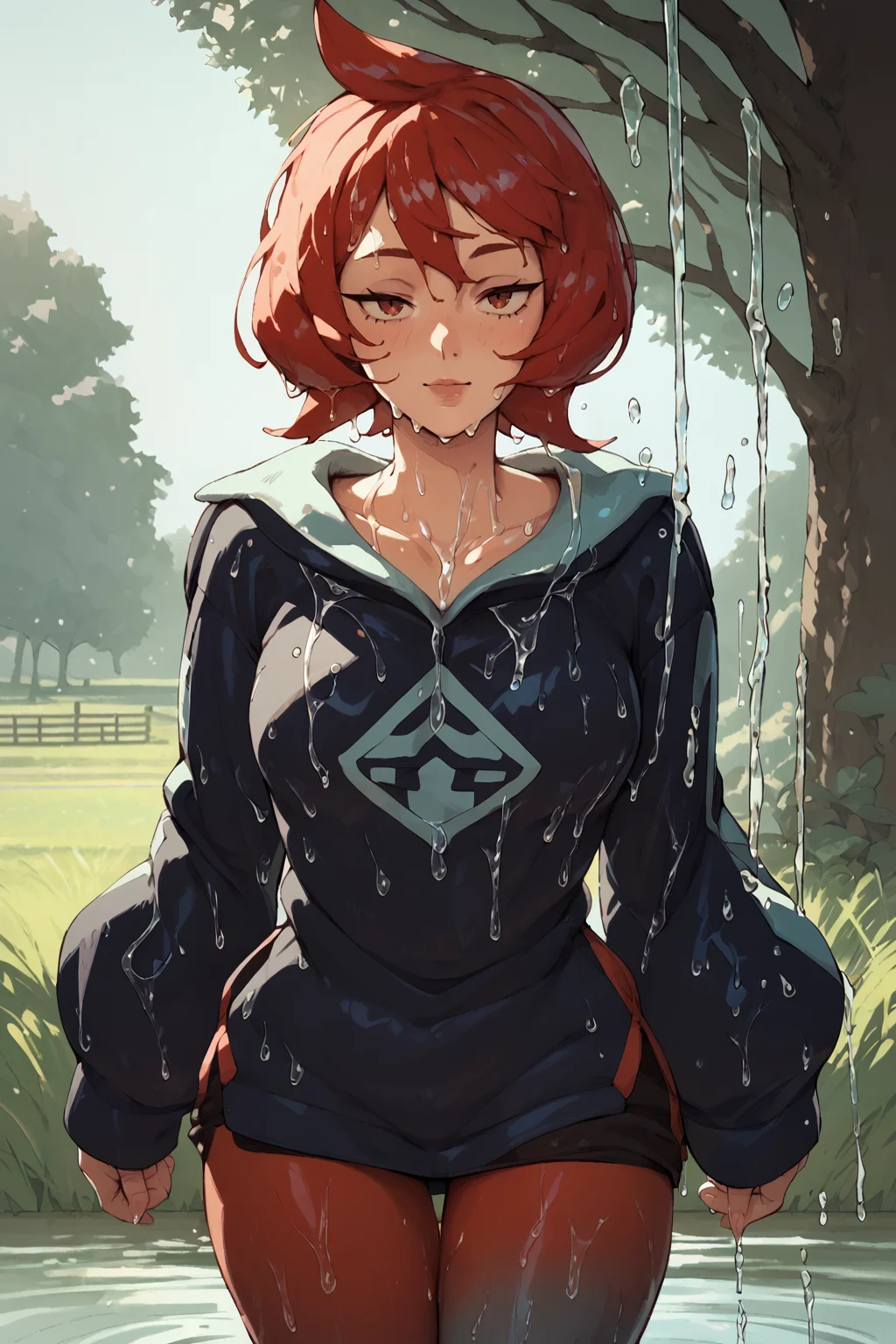 arezu, pantyhose, short hair, red hair, gradient legwear, cowlick ,in an open field, pouring rain, wet skin, wet body, wet hair,<lora:RD-MAnon-XLV1.1:1>, outside, in a park, <lora:Arezu_pokemon:1>, , source_anime, score_9_up, score_7_up, score_8_up