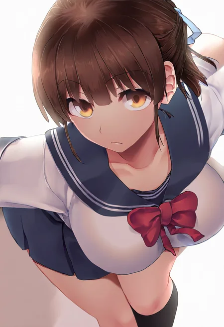 masterpiece,best quality,
<lora:MSIZE_Style_Illustrious:1>,msize_style,1girl, solo,brown hair,short ponytail,blue hair ribbon,brown eyes,serafuku,sailor collar,red bow,black socks,collarbone,large breasts,
looking at viewer,cowboy shot,dutch angle,dynamic pose,