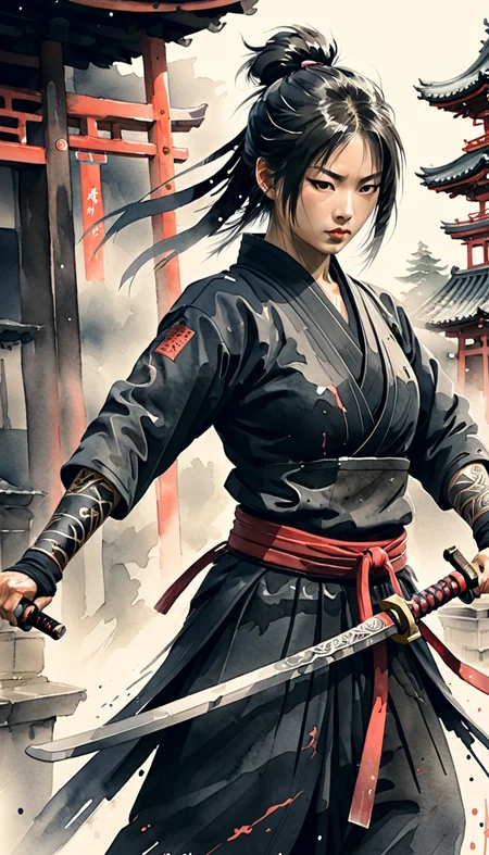 positiv Clip L:
 an award-winning, watercolor style female swordsman, Japanese temple
positiv Clip G:
 an award-winning, watercolor style ink, a young warrior training in an ancient Japanese temple. She wears a form-fitting black garment, possesses lightning-fast reflexes, and wields the katana with perfection,