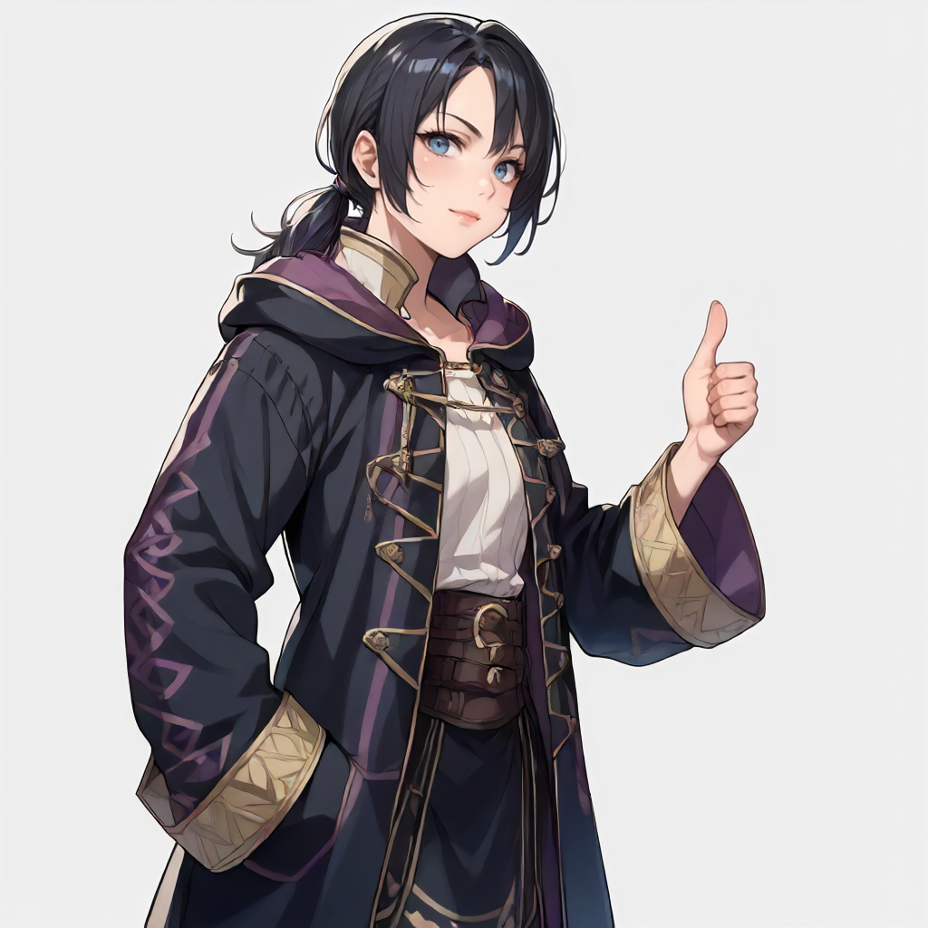 solo, simple background.  <lora:Clothing FE A Tactician Outfit :1> f3atact1c1an, long sleeves, long coat,  <lora:Character BtV Marian Crane:0.8> marian, 1girl, black hair, low ponytail, sidelock, short hair, gray-blue eyes, athletic build, strong. thumbs up, score_9, score_8_up, score_7_up, score_6_up, score_5_up, score_4_up, masterpiece, detailxl. BREAK