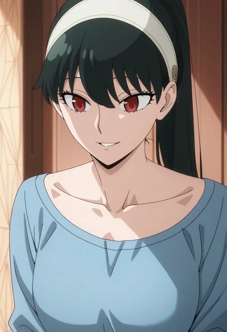 masterpiece,best quality,amazing quality, yor briar, black hair, long hair, red eyes, 1girl, solo, hairband, blue shirt, shirt, collarbone, upper body, ponytail, white hairband, smile, anime coloring, parted lips