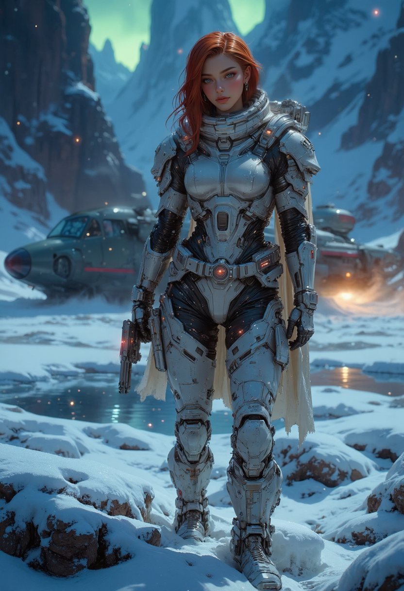 Dark Fantasy Art, a realistic portrait image of An athletic female space bounty hunter on the icy surface of a frozen alien planet. red hair, Snow and ice crystals cling to her skin tight futuristic armor, which has subtle warm hues to contrast the cold landscape. Her breath is visible in the frigid air as she scans the horizon. Towering ice cliffs and frosted alien flora surround her, while a large, frozen lake reflects the glow of a green aurora in the night sky above. Her determined expression shows through the icy mist as she stands by her landed space plane with an open cockpit
she holds a plama pistol in one hand while looking at a hud display on her other arm
dynamic pose
artistic style of rembrandt
, glow effects, godrays, Hand drawn, render, 8k, octane render, cinema 4d, blender, dark, atmospheric 4k ultra detailed, cinematic, Sharp focus, big depth of field, Masterpiece, colors, 3d octane render, 4k, concept art, trending on artstation, hyperrealistic, Vivid colors, extremely detailed CG unity 8k wallpaper, trending on CGSociety, Intricate, High Detail, dramatic  <lora:Midjourney_-_SemiReal_Dreams_FLUX_LoRA:0.7> <lora:FluxMythV2:0.5>  <lora:flux.1_lora_flyway_Epic-detail_v2:0.5>  <lora:ck-nc-pastel-cyberpunk:0.6>