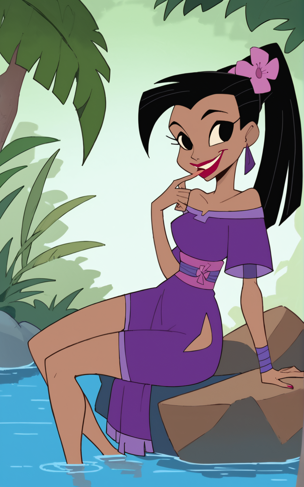 score_9, score_8_up, score_7_up,((best quality)), absurdres,<lora:BolivanteStyle:0.8>, <lora:YITENSPXL:0.8>,YITENSPXL,dress, purple dress, short dress, side slit, sash purple sash, black hair, ponytail, hair ornament, black eyes, dark skin, dark-skinned female, makeup, red lips, bare shoulder, short sleeves,  earrings,slim,hair flower,sitting, boulder, smile, hand in mouth, outside, jungle