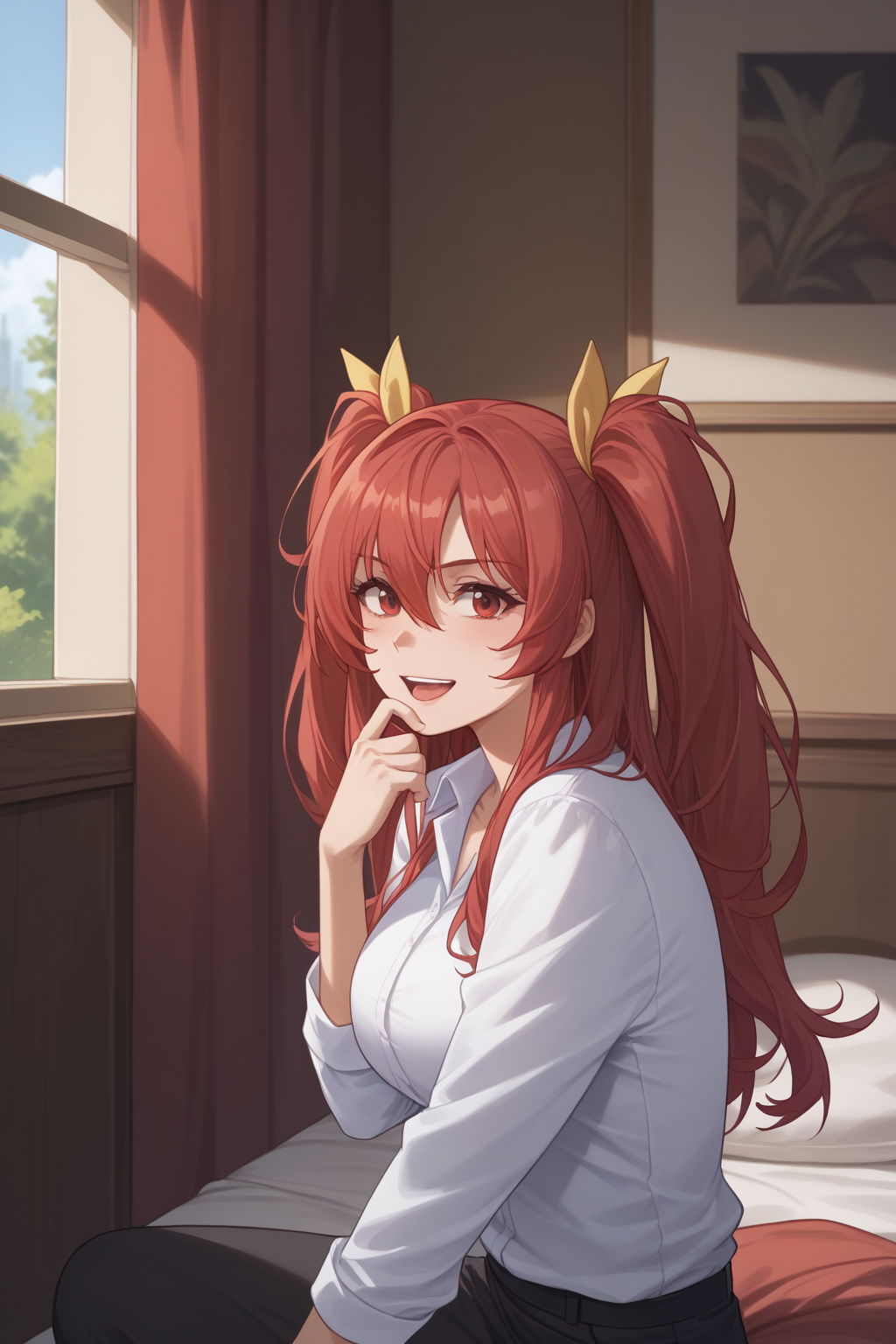 score_9, score_8_up, score_7_up, score_6_up, score_5_up, score_4_up, masterpiece, high quality, BREAK, full body, BREAK, 1girl, BREAK,   <lora:Stella Vermillion:0.8> red hair, twin tails, yellow hairpieces, red eyes, large breasts,
