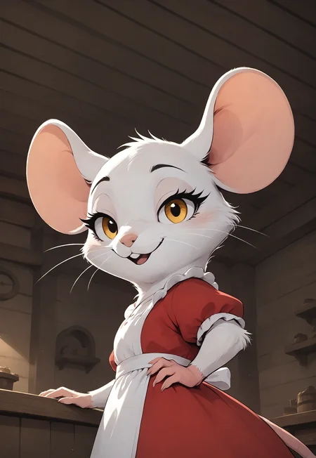 score_9, score_8_up, score_7_up, score_6_up, score_5_up, score_4_up, m0use_goldie, (((white fur)), gold eyes), (female), (cute, feral:1.5), red dress, white frills, (off-white apron), standing, leaning, (bedroom eyes:1.5), (tail:1.3), low angle view, (ceiling:1.5), upper body shot, head focus, open mouth, (extreme perspective, foreshortening:1.5), hand on own hip, side view, indoors, (tavern:1), (looking at viewer), (tail)