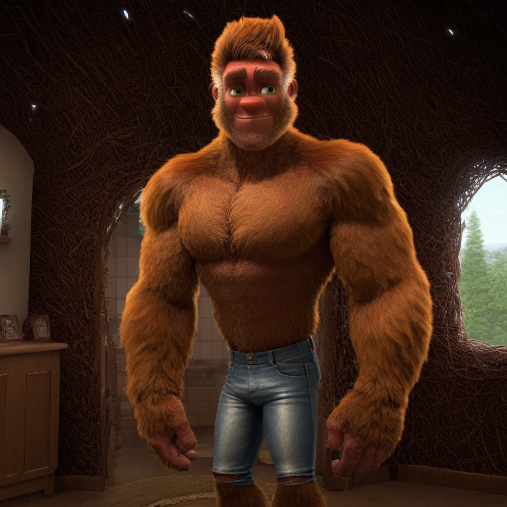 bigfoot, hairy, tall, muscular, bara, green eyes, wearing jeans, in a house, brown fur, solo, alone, slight smile
