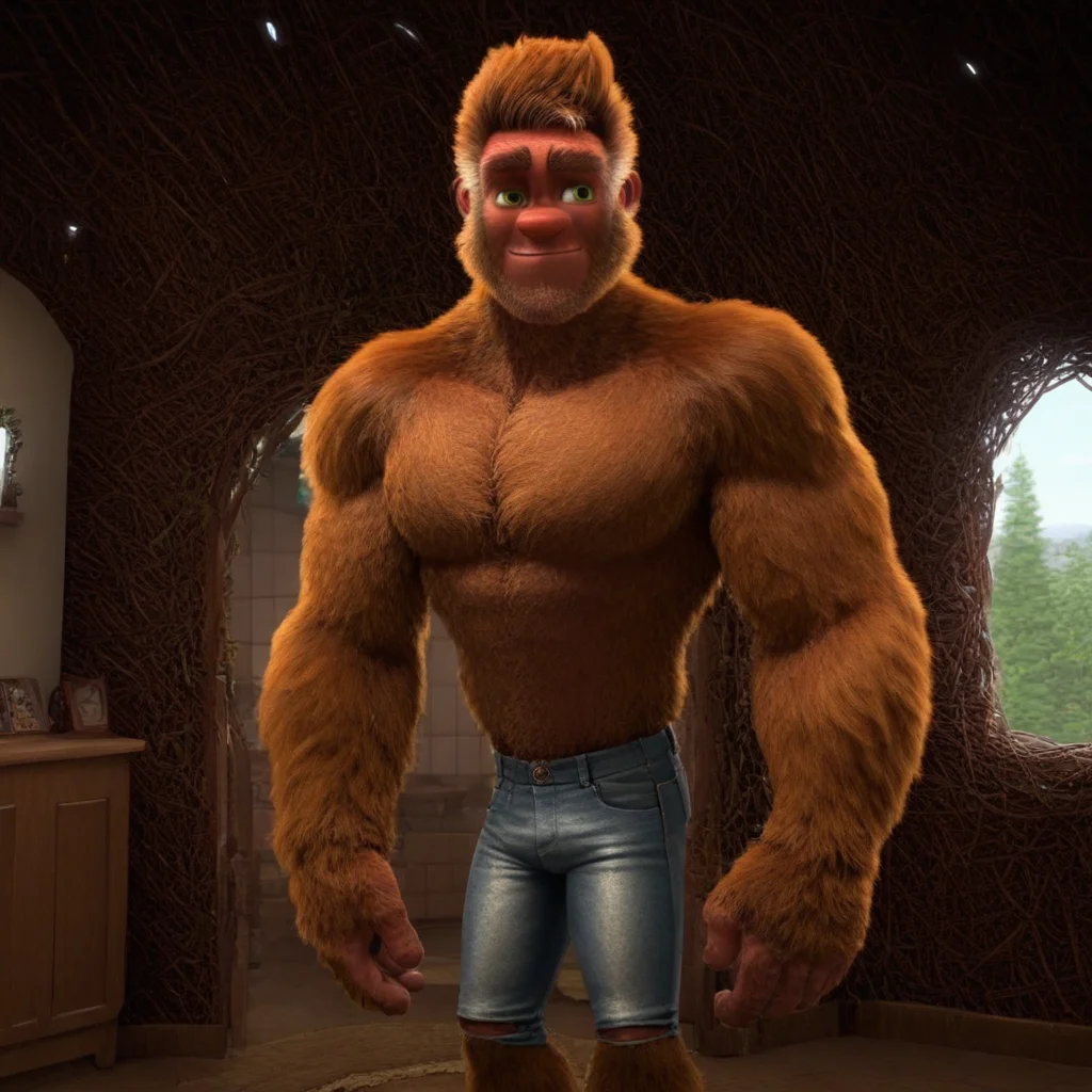 bigfoot, hairy, tall, muscular, bara, green eyes, wearing jeans, in a house, brown fur, solo, alone, slight smile