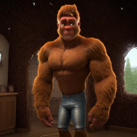 bigfoot, hairy, tall, muscular, bara, green eyes, wearing jeans, in a house, brown fur, solo, alone, slight smile
