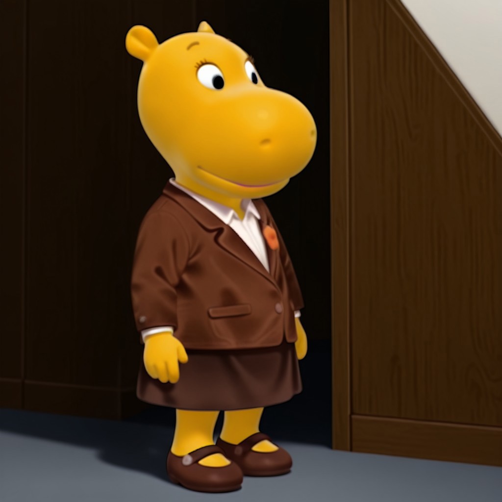 masterpiece, best quality, amazing quality, TashaByil, anthro, female, hippo, yellow skin, black eyes, brown jacket, white collared shirt, dark brown skirt, brown mary-janes, inside, full body  solo, 1girl,