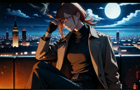 style of chainsaw man,<lora:Expressive_H-000001>,<lora:modern_anime_screencap_v1_0:0.8>,source_anime,score_9,score_8_up,score_7_up,score_6_up,dark background,low light,looking ahead,depth of field,from side,
1girl,solo,<lora:age_slider_v4:1.4>,adult,tall female,brown hair,short hair,bangs,long bangs,straight hair,asymmetrical bangs,black eyes,pale skin,petite,toned,medium breasts,(bored:0.8),(smile:0.8),(half-closed eyes:0.8),bags under eyes,head tilt,black baggy pants,brown trench coat,black sweater,high collar,belt,round eyewear,partially fingerless gloves,holding cigarette,cigarette,night,city,empty eyes,moon,cloudy sky,sitting,knee up,