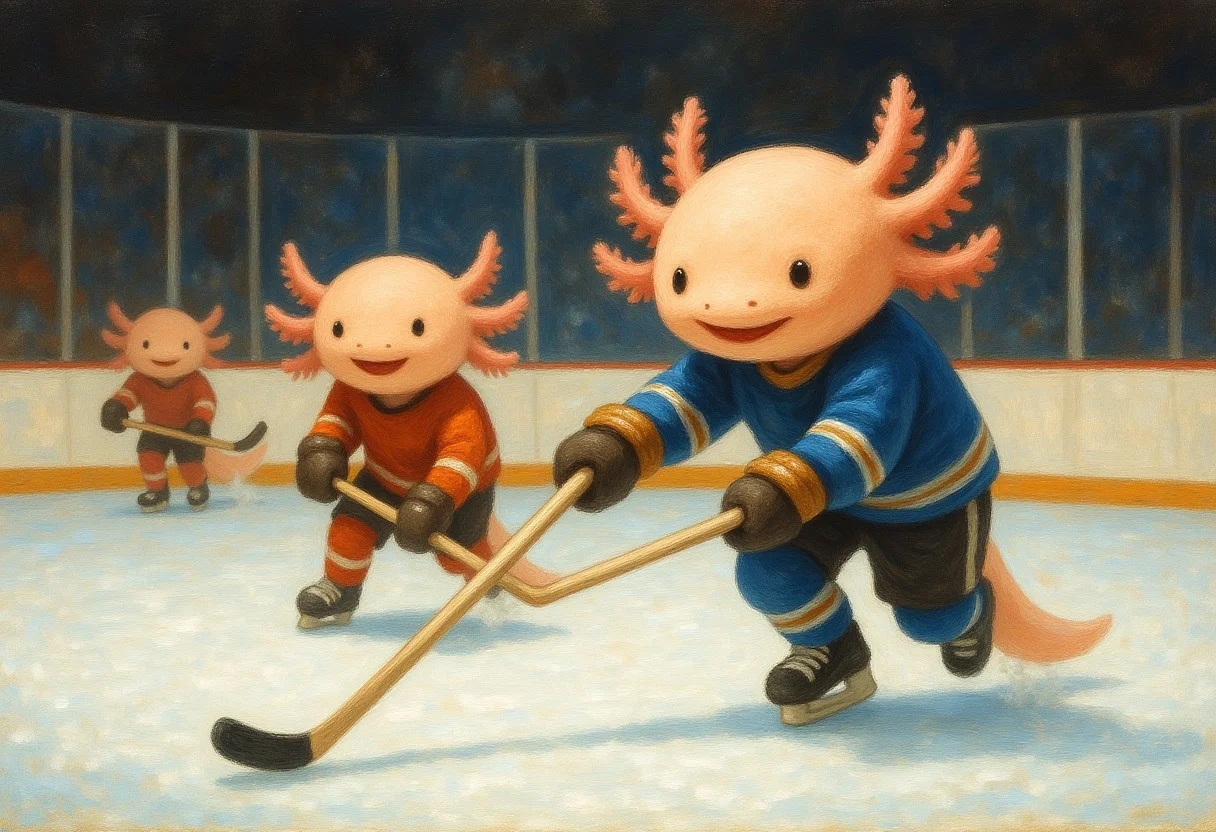 A dramatic oil painting with warm-toned brushwork of axolotls with simplified rounded features plush faces with dot eyes and soft pink feathery gills. In a brightly lit ice rink, axolotls are happily playing hockey wearing full hockey gear.