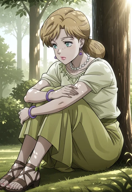 (masterpiece, amazing quality, best quality, anime coloring, detailed),very aesthetic, illustration, perfect composition, intricate details, absurdres, incredibly absurdres, (((1girl,solo,HolyKujo, Blonde Hair, Teal Eyes, Pink Lipstick, Light Green Blouse, Purple Bracelets, Purple Earrings, Pearl Necklace, Lime Green Long Skirt))),sitting on grass,outdoors,trees,sky,hugging legs,feet,brown sandals,looking to left,sunlight