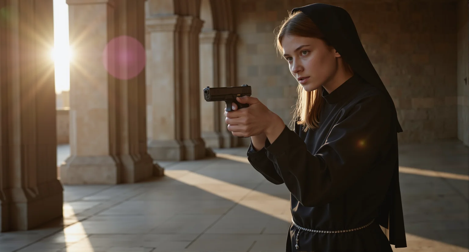 dramatic cinematic side angle still of a young woman aiming a matte black G17Model Glock Pistola striking portrait of a young nun with fair skin and long, flowing chestnut hair cascading beneath a neatly arranged black veil, her glowing violet eyes gazing intently at the viewer with quiet resolve; she wears a sleek black habit with a delicate silver rosary looped at her waist, her hands gripping a polished revolver with a barrel engraved with glowing celestial patterns, the weapon aimed steadily at the viewer; she stands in the middle of a quiet monastery cloister surrounded by towering stone arches, the soft golden light of a rising sun casting long beams across the tiled floor, creating an atmosphere of divine authority and calm strength dark, dramatic lighting<lora:Glock (G17)_epoch_12.safetensors:1.0:1.0>