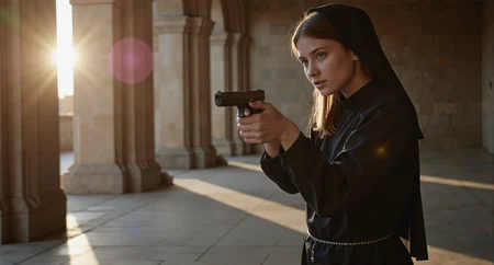 dramatic cinematic  side angle still of a young woman aiming a matte black G17Model Glock Pistola striking portrait of a young nun with fair skin and long, flowing chestnut hair cascading beneath a neatly arranged black veil, her glowing violet eyes gazing intently at the viewer with quiet resolve; she wears a sleek black habit with a delicate silver rosary looped at her waist, her hands gripping a polished revolver with a barrel engraved with glowing celestial patterns, the weapon aimed steadily at the viewer; she stands in the middle of a quiet monastery cloister surrounded by towering stone arches, the soft golden light of a rising sun casting long beams across the tiled floor, creating an atmosphere of divine authority and calm strength  dark, dramatic lighting<lora:Glock (G17)_epoch_12.safetensors:1.0:1.0>