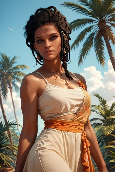 score_9, score_8_up, score_7_up, score_6_up
<lora:ACAya:1>
ACAya, 1girl, black hair, brown eyes, dark skin, looking at viewer, on a tropical island, sundress, palm trees