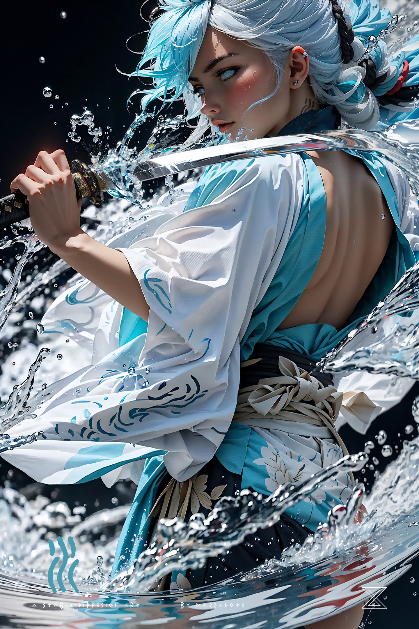 epic realistic, (close up), 1girl, floating blue_hair, long hair, (water:0.7), waterdrop, wet, holding_katana, blue_kimono with pattern, ultra detailed, (textured_clothing), black_background