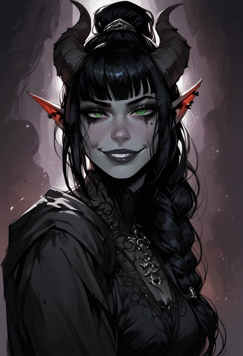 score_9, score_8_up, score_7_up, BREAK, 1woman portrait, beautiful, dramatic lights ((Succubus, Demon Girl, Succub, horns, seductive, seductive look, goth, goth girl, goth makeup, green eyes, wings, bat wings grey skin, grey colored skin, black hair, long braided ponytail, bangs, side bangs, happy, smug))
<lora:Fant5yP0ny:0.6> <lora:fantasy_world_pony:0.9>
<lora:Cherry-Gig:0.55>