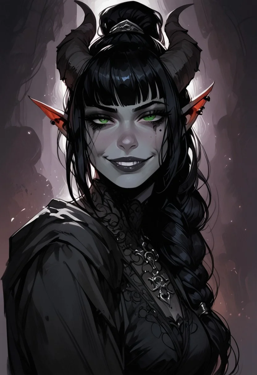 score_9, score_8_up, score_7_up, BREAK, 1woman portrait, beautiful, dramatic lights ((Succubus, Demon Girl, Succub, horns, seductive, seductive look, goth, goth girl, goth makeup, green eyes, wings, bat wings grey skin, grey colored skin, black hair, long braided ponytail, bangs, side bangs, happy, smug))
<lora:Fant5yP0ny:0.6> <lora:fantasy_world_pony:0.9>
<lora:Cherry-Gig:0.55>