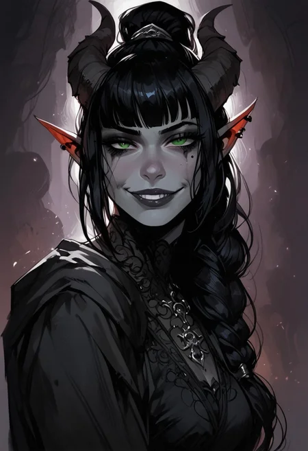 score_9, score_8_up, score_7_up, BREAK, 1woman portrait, beautiful, dramatic lights ((Succubus, Demon Girl, Succub, horns, seductive, seductive look, goth, goth girl, goth makeup, green eyes, wings, bat wings grey skin, grey colored skin, black hair, long braided ponytail, bangs, side bangs, happy, smug))
<lora:Fant5yP0ny:0.6> <lora:fantasy_world_pony:0.9>
<lora:Cherry-Gig:0.55>