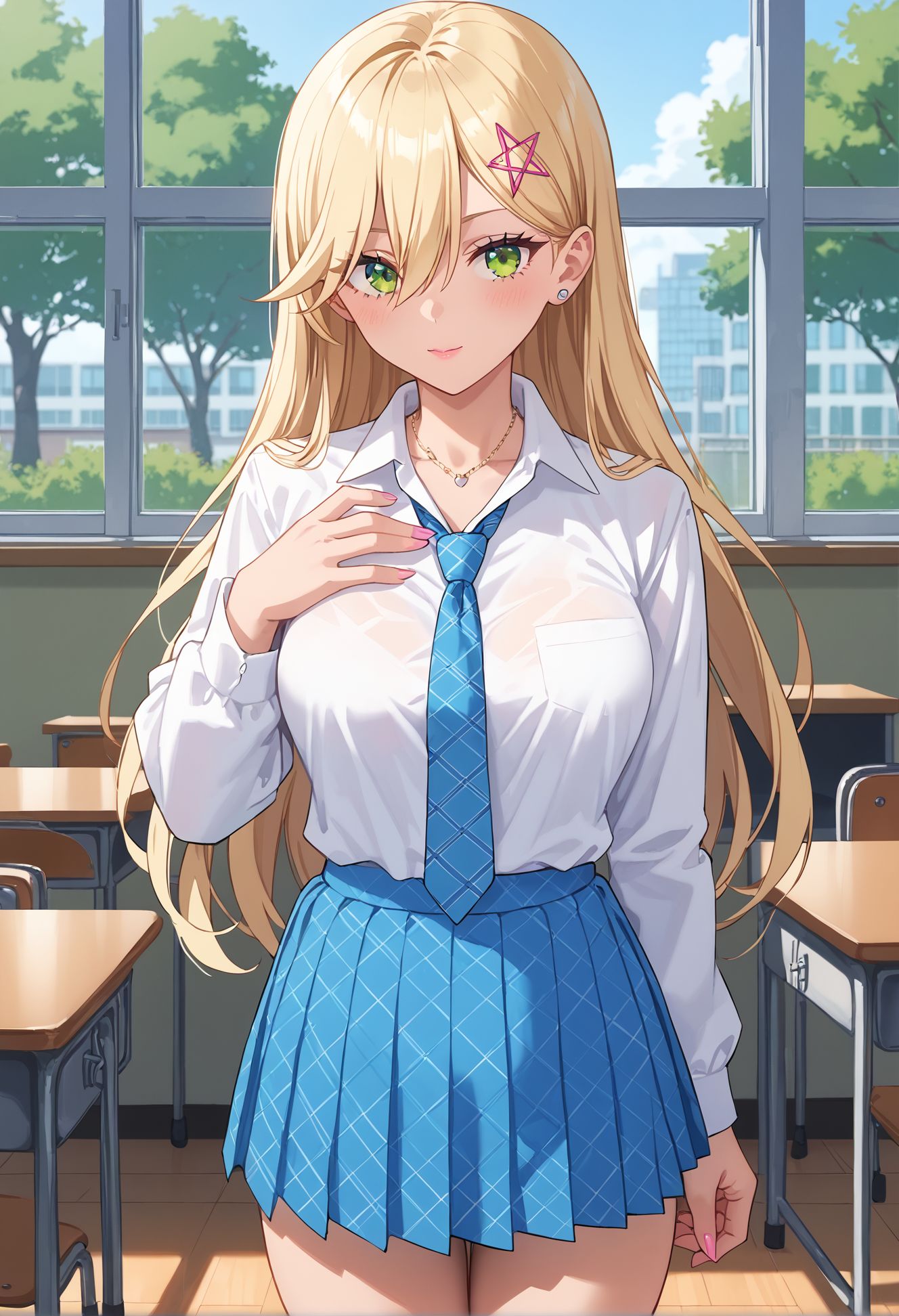 score_9,score_8_up,score_7_up,masterpiece, best quality, <lora:WHM 0.2v:0.5>, WHM, 2D,anime,  
<lora:Aria_Kisaki_2.5_Dimensional_Seduction_V1:.55>, KJOaria,  
<lora:aria_kisaki_anime_v2-soralz:0.3>aria kisaki, 
  blonde hair, green eyes, hairclip, gyaru, long hair, white shirt, necktie, necktie,  blue pleated skirt, kneehighs, long sleeves,  School, classroom, window, sunny, tree, (Beautiful, medium Breasts:1.2),
large breasts, white socks,short socks,