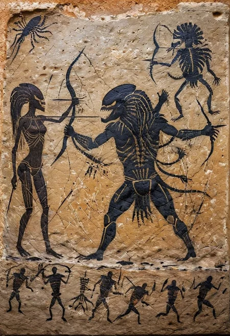 Predator1024 with spear and bow chasing the Xenomorph, prehistoric cave painting, ochre on weathered stone