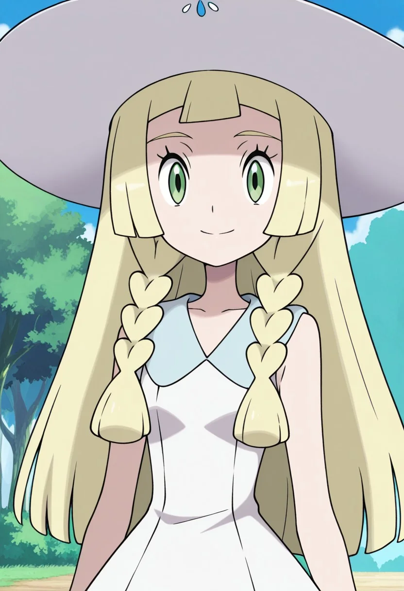 Masterpiece, high quality, flat colors, anime screenshot, anime screencap, 1girl, solo, green eyes, dress, blonde hair, long hair, closed mouth, braid, dynamic angle, sleeveless dress, upper body, smile, twin braids, thin waist, lillie_(pokemon) , holding sunhat