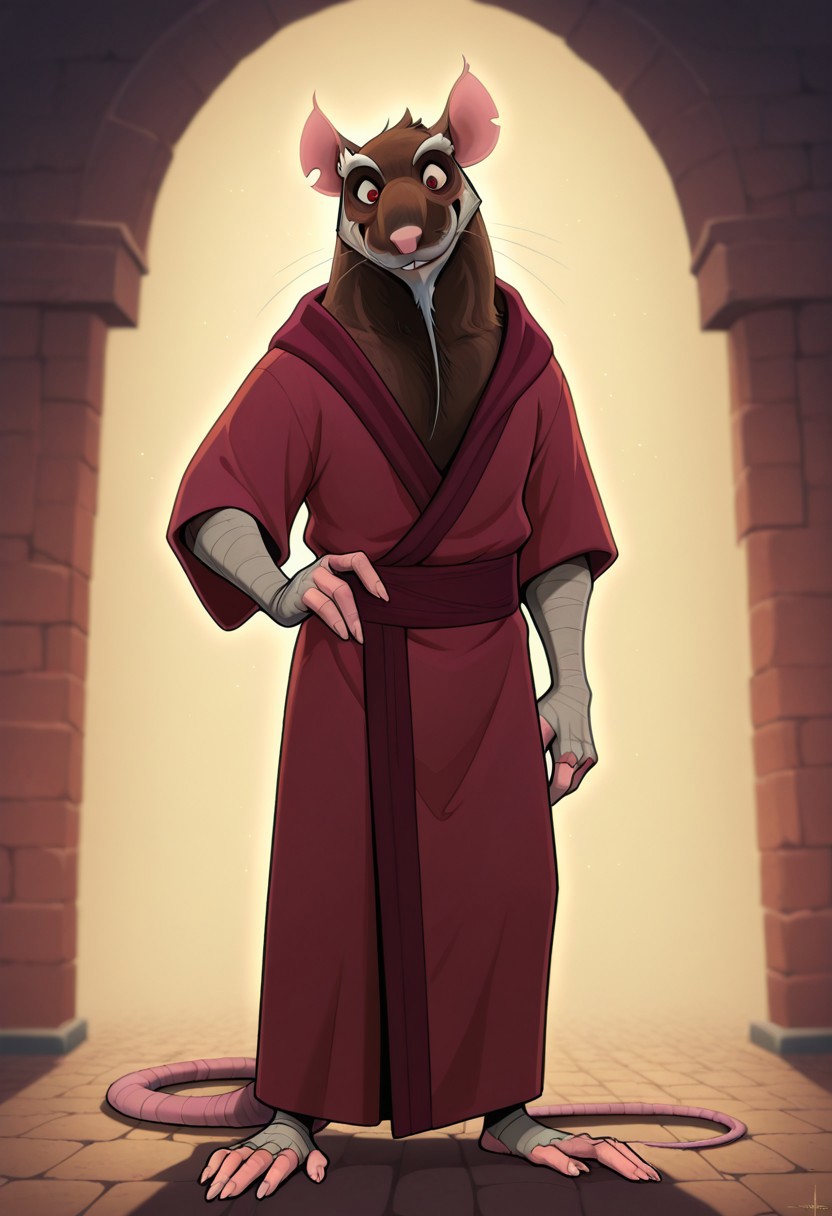 MasterSplinter2012, brown fur, rat, animal, 1boy, male focus, furry male, rat tail, red eyes, detailed eyes, seductive, sash, bandages on arms, score_9, score_8_up, score_7_up, score_6_up, score_5_up, score_4_up, (red robe:1) ,standing up, plantigrade, (white eyebrows:1.4),  (fullbody:1), light effects, simple background, smiling at viewer, (white chin:1), (detailed face:1), (long white beard:1.2), bandages on hands