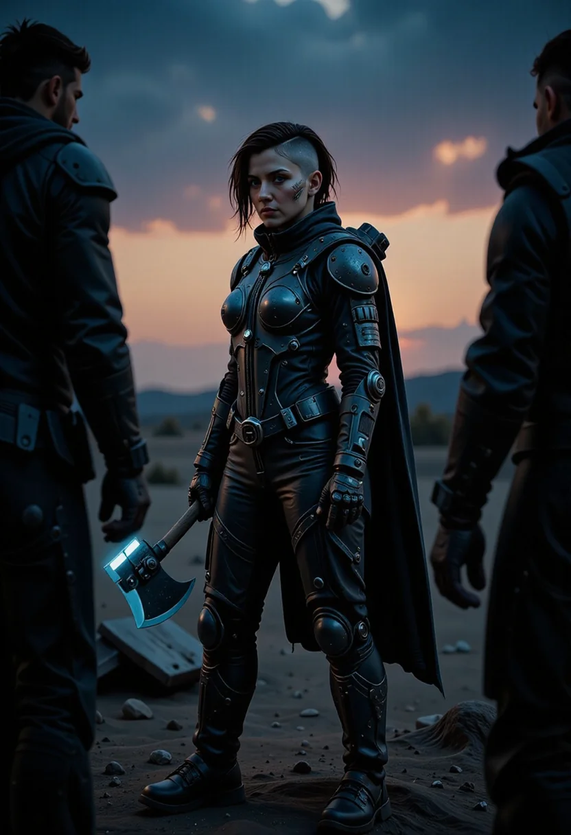As the twilight's dim light casts an ethereal glow, a vikingpunk warrior stands proudly amidst the post-apocalyptic ruins, her advanced exosuit emitting bioluminescent electricity. Her undercut hair with shaved sides, framing her determined expression heterochromia eyes with one mechanical dimly lit eye and one natural eye, full of purpose. She wields a futuristic battleaxe, its edge shimmering with power, prepared for any trial. The desolate landscape, marked by rust and wear and heavy patina of her exosuit and weapon, becomes a stage for her resilience. The exosuit, covering her torso and legs, showcases a blend of ancient Viking culture and futuristic technology, leaving a lasting impression of strength and adaptability in this harsh, Nordic-inspired world. <lora:flux/aidmaImageUpgrader-FLUX-V0.2>, aidmaimageupgrader, <lora:Magic of Art 2 (FLUX)>, Cinematic style, Beauty, Realism, Photorealism, Chiaroscuro, High quality, <lora:flux/mjv6_lora flux.safetensors_converted>, <lora:art and styles/Glowing_bioluminescent_world_for_Flux_-_by_Ethanar:0.25>, <lora:scifi/dvr-transformers-flux:0.6>,