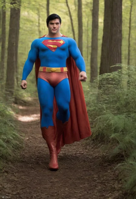 photography, hyperrealistic photograph of Superman walking through woods, black hair, blue eyes, handsome face, smile, closed_mouth, closed mouth smile, looking at the viewer, solo, hyperrealistic, hyper-realistic, photo taken with a telephoto lens( 200mm), award-winning cinematography, highly detailed, extremely high-resolution details, photographic, realism pushed to extreme, fine texture, incredibly lifelike, very awa,masterpiece,best quality,year 2024,newest,highres,absurdres,realistic,photorealistic,photo,DSLR