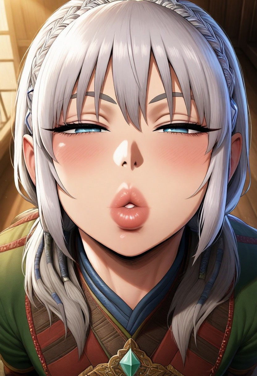 pov, incoming kiss, looking at viewer, puckered lips, thick lips, parted lips, half-closed eyes masterpiece,best quality,amazing quality, absurdres,
masterpiece, best quality, amazing quality, 1girl, solo,
,   <lora:jaheiraIllustrious:1>jaheira, jaheiraHair, portrait, , jaheiraArmor,outside