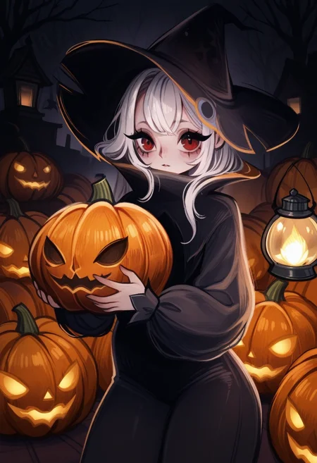 d0p4style, masterpiece, best quality, solo, 1girl, Halloween town background, devils costume, holding pumpkin, lanterns, eyelashes, dark atmosphere,