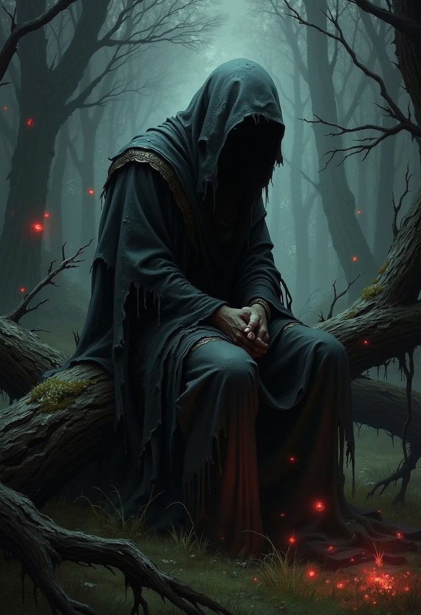 An atmospheric and powerful dark fantasy, natural organic and impressionist classical-style portrait painting of a man in robes. He wears tattered dark robes and hood covers his face. He sits on the old trunk in the dark forest and contemplating. The red fireflies are flying in the forest. The atmosphere is eerie and gloomy.