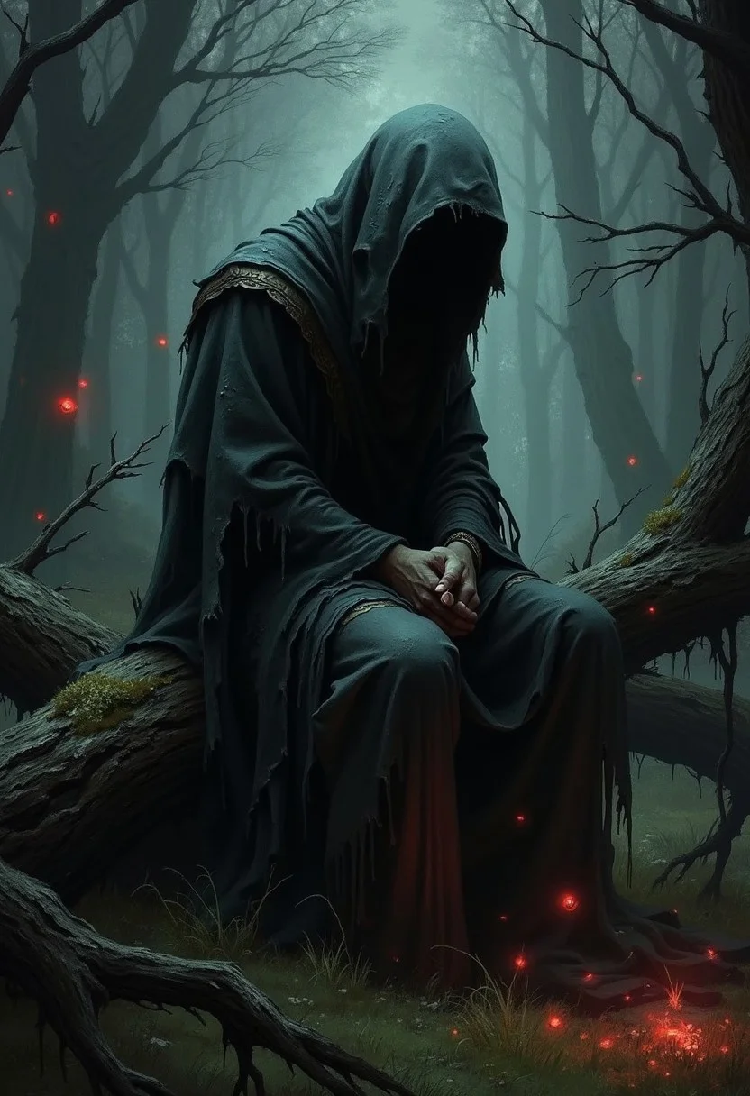An atmospheric and powerful dark fantasy, natural organic and impressionist classical-style portrait painting of a man in robes. He wears tattered dark robes and hood covers his face. He sits on the old trunk in the dark forest and contemplating. The red fireflies are flying in the forest. The atmosphere is eerie and gloomy.