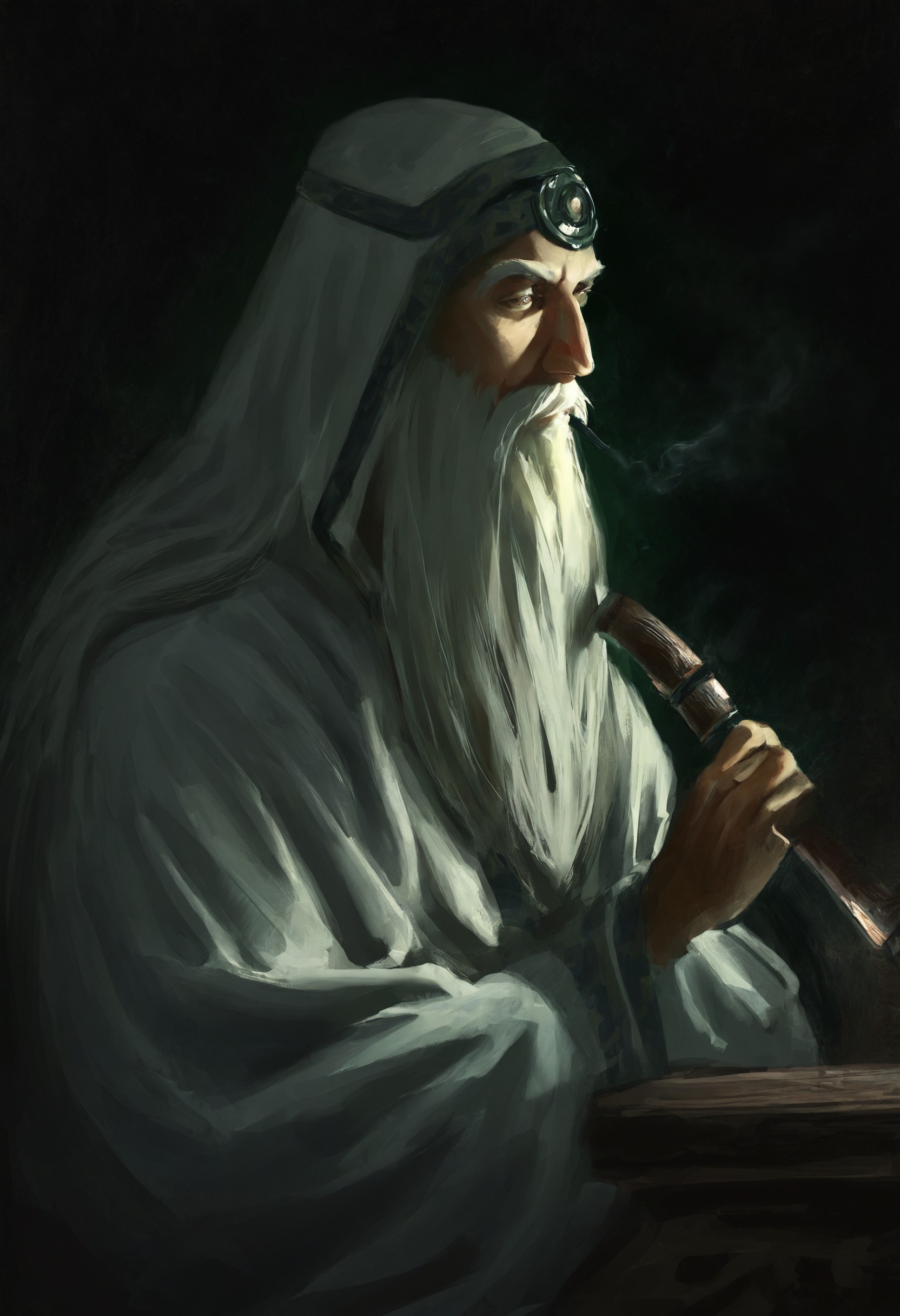 sbjy2, 1boy, solo, beard, facial_hair, old, long beard, white_beard, gandalf, very long hair, (white_hair), long_robes, white_robes, stoic, holding, holding_pipe, smoking_pipe, smoke, wooden_pipe, upper_body, close up, sitting, wizard, (wizard-staff), dark, scholar, wooden_table, scrolls, dark_background, masterpiece, best quality, incredibly absurdres, amazing quality, very aesthetic, 4k, official art, , <lora:1f9ed643-777c-46d2-9041-2f7d6f769769:0.9>