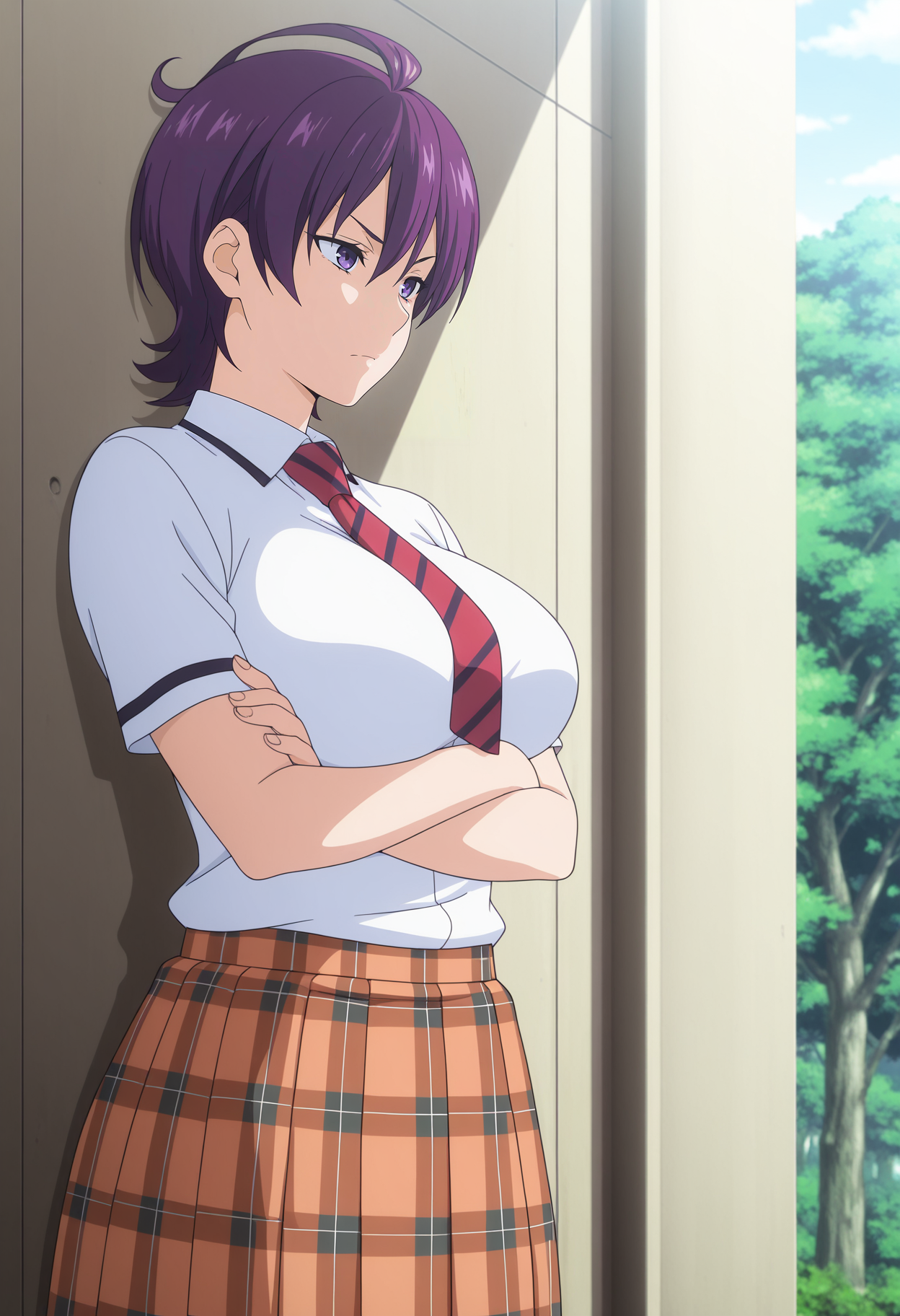 1girl,solo,mm,mature female,short hair,purple hair,purple eyes,large breasts,anime coloring,
school unifor,necktie,plaid skirt,shirt,against wall, crossed arms, day
,masterpiece,best quality,amazing quality,<lora:Miyoko_Houjou-Shokugeki_no_Souma:0.8>