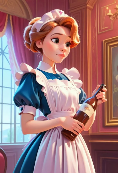 masterpiece, best quality, DisneyStudioXL, nose, lips, cartoon, cinematic, 1girl, solo, maid, holding bottle, ballroom