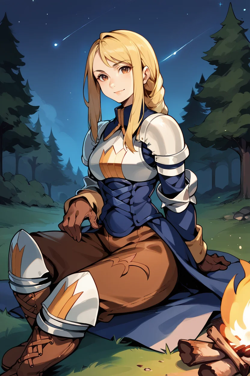 score_9, score_8_up, score_7_up, score_6_up, source_anime, 1girl, solo BREAK <lora:agrias-pdxl-nvwls-v1-000005:1> agrias, blonde hair, brown eyes, braided ponytail, shoulder armor, armor, corset, brown pants, brown gloves, knee pads, boots, sitting, on ground, night, forest, night sky, campfire, looking at viewer, light smile