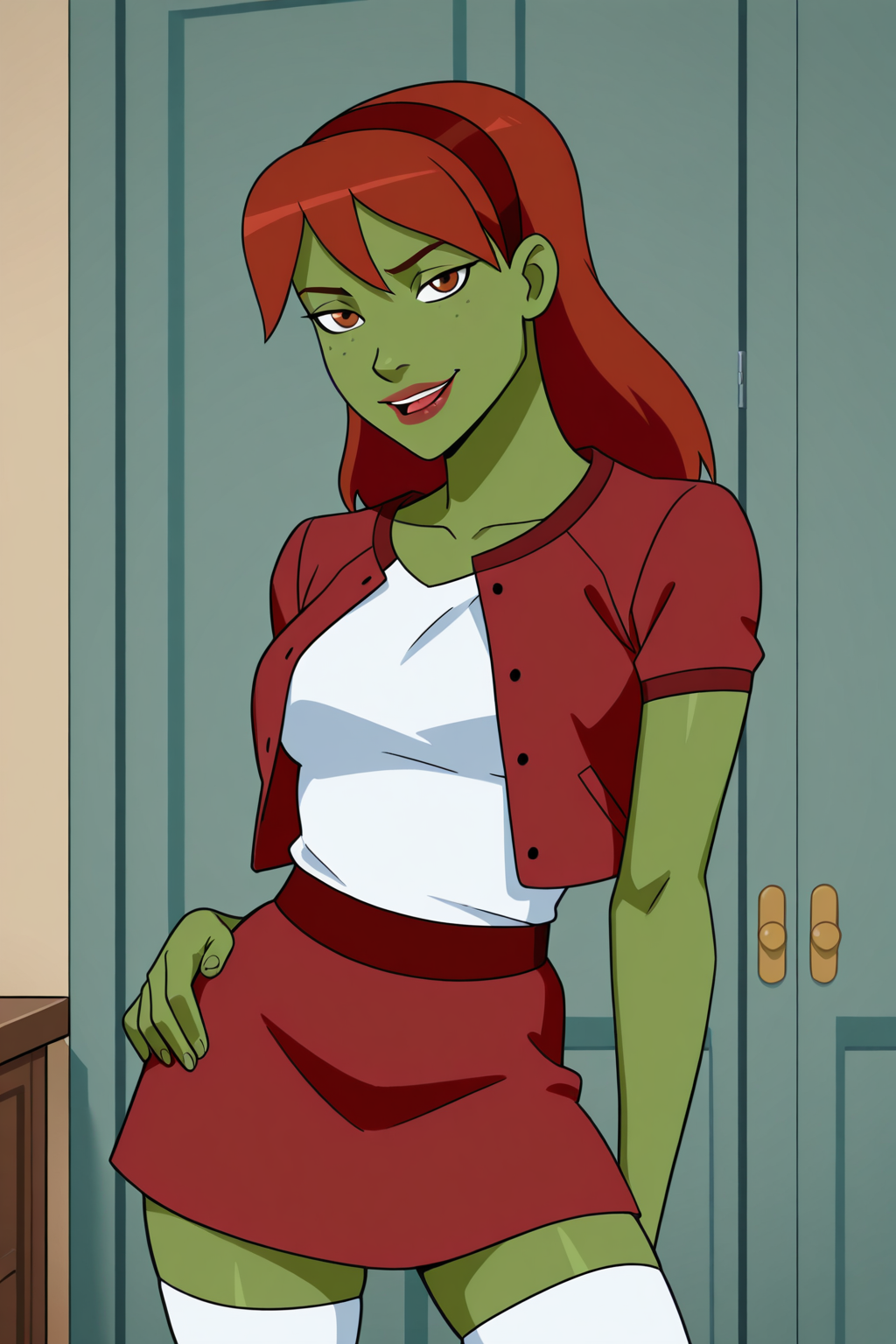 (((parody)), perfect anatomy, perfect eyes, cowboy shot) BREAK <lora:MissMartianIL:1> mgann morzz, colored skin, green skin, freckles, long hair, red hair, brown eyes, lipstick, sultry eyes, naughty face, ((looking at viewer)), hairband, red jacket, white shirt, red skirt, white thighhighs, showing off body, teasing viewer, naughty pose, hand on hip, modeling pose, arched back, indoors