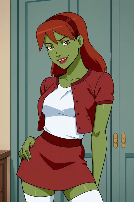 (((parody)), perfect anatomy, perfect eyes, cowboy shot) BREAK <lora:MissMartianIL:1> mgann morzz, colored skin, green skin, freckles, long hair, red hair, brown eyes, lipstick, sultry eyes, naughty face, ((looking at viewer)), hairband, red jacket, white shirt, red skirt, white thighhighs, showing off body, teasing viewer, naughty pose, hand on hip, modeling pose, arched back, indoors