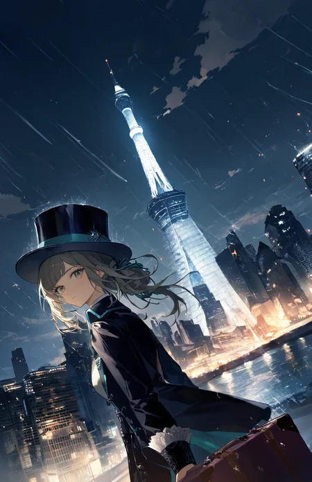 masterpiece, best quality, very aesthetic, absurdres, masterpiece,high score,great score,absurdres,1girl,vertin \\(reverse:1999\\),reverse:1999,black umbrella,headwear,suitcase,looking at viewer,rain,night,city,bridge,from side,dutch angle,upper body, ., . , <lora:skyline-abstract:0.8>, sky, city, night, lights, building, cityscape, background, scenery, tower, bridge, architecture, skyline, outdoors, skyscaper, street, star, painting, cloud, river, humans, tree,