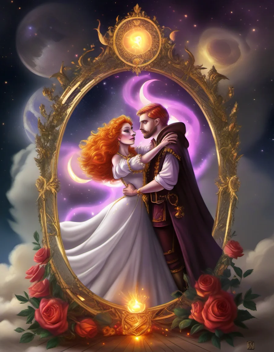 baroque arcane esoteric frame, tarot, The Lovers: Two individuals stand together, symbolizing love, choices, and the union of dualities., sharp focus, detailed, sub surafce scattering, glow, dust, volumetric light <lora:TOONER_1_RC:0.9>